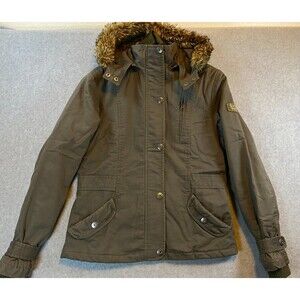 Madame Outerwear Parka Coat Women's Small‎ Olive Green 100% Cotton Faux Fur Hood